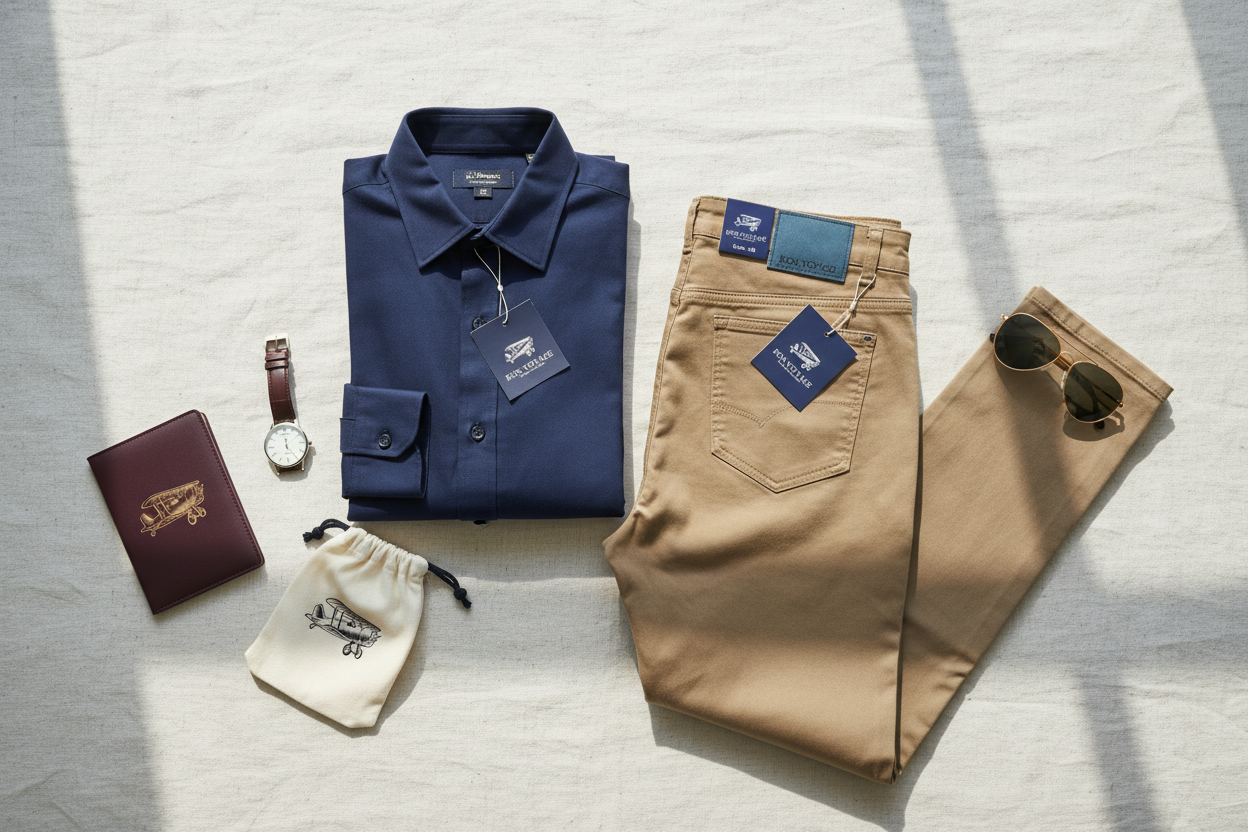 BON VOYAGE hero flat lay with real shirts and pants